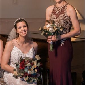 Burgundy and Gold Appliqué Bridesmaids Dress